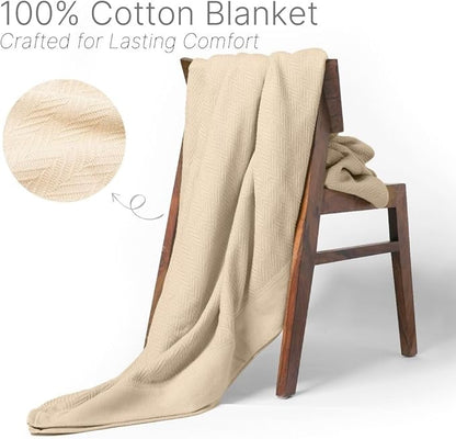100% Cotton Herringbone Weave Blankets, 66"X90" Twin, Throw Blanket for Bed, All Season Cotton Blanket, Cozy Blanket,Throws & Bed Blanket, Throw Blanket for Couch, Modern Home Decor - Beige