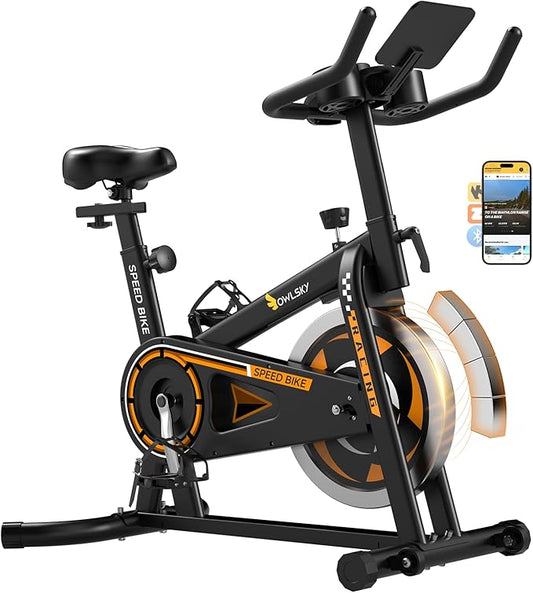 OWLSKY Exercise Bike with APP, Magnetic Resistance Indoor Cycling Bike, 300 lbs Capacity Quiet Stationary Bike for Home Gym Cardio Workout, Adjustable Seat & Tablet Holder