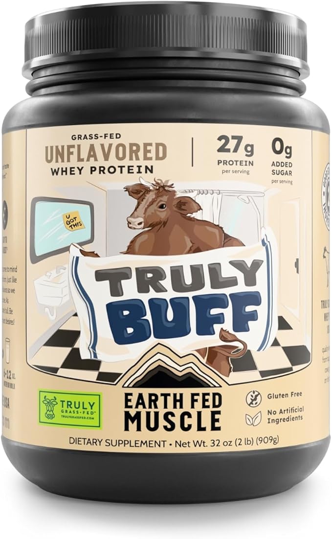Earth Fed Muscle Truly Buff Truly Grass Fed Whey Protein Isolate - No Artificial Ingredients, Soy Free, Gluten Free, Non-GMO and Hormone Free (2 Pound, 30 Servings, Unflavored)