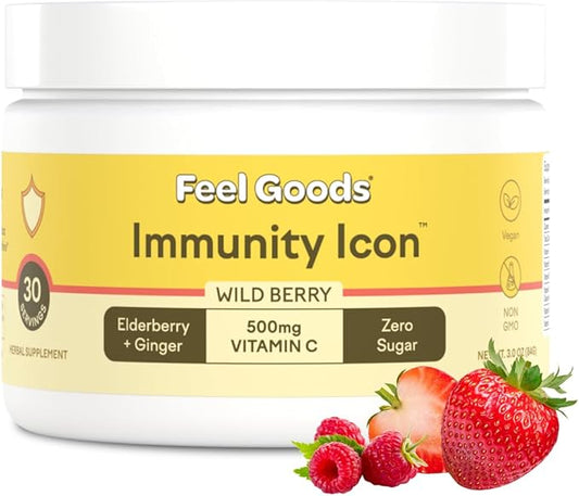 Feel Goods Immunity Icon, Zero Sugar, Vitamin C, A, B, D, E & Zinc, Organic Elderberry, Ashwagandha, Drink Mix Powder, Vegan, Non GMO, Caffeine & Gluten Free | Wild Berry, 30 Servings
