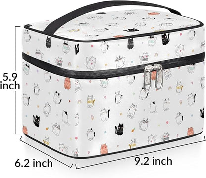 Large Makeup Bag Travel Cosmetic Bags for Women Cute Colorful Cartoon Animal Cat Makeup Organizer Case Toiletry Bag for Girls Traveling Wide Open Portable Pouch with Handle