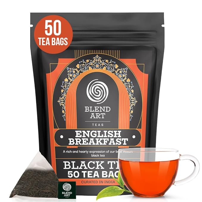 Blendart English Breakfast Black Tea Bags 50 Count Premium Whole Loose Leaf Caffeinated, Smooth, Flavour Robust Black Pyramid Tea Bags Long leaf Tea bags| Strong Robust British Tea