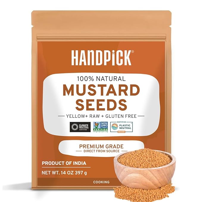 HANDPICK Yellow Mustard Seed (397g/14oz) Non GMO, Gluten Free, 100% Raw, Sourced from India, For Cooking, Pickles, Packed in Resealable Ziplock Pouch