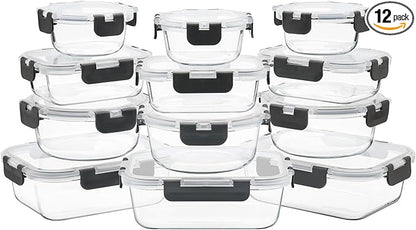 12 Pack Glass Food Storage Containers with Airtight Lids for Meal Prep, Leftover, BPA-Free, Leak-Proof, Freezer to Microwave Safe (12 Lids & 12 Containers)