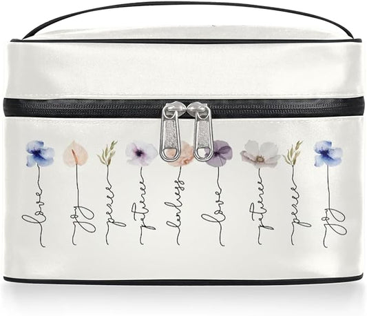 Large Makeup Bag Travel Cosmetic Bags for Women Watercolor Vintage Boho Spring Flower Floral Makeup Organizer Case Toiletry Bag for Girls Traveling Wide Open Portable Pouch with Handle