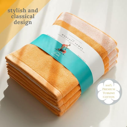 Luzia Striped Workout Towel for Sweat (Pack of 4) - Premium Quality 100% Turkish Cotton - Lightweight and Super Absorbent for Exercise, Sports, Workout, Fitness, Gym, Yoga, Running (Orange)