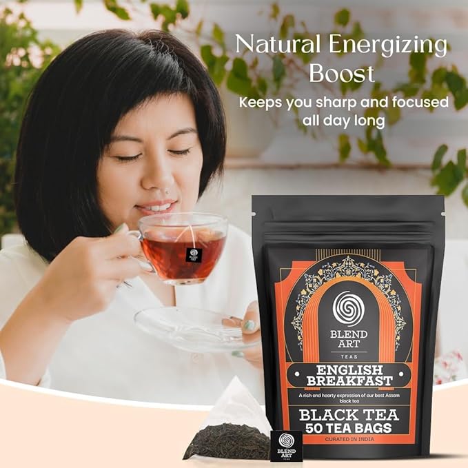 Blendart English Breakfast Black Tea Bags 50 Count Premium Whole Loose Leaf Caffeinated, Smooth, Flavour Robust Black Pyramid Tea Bags Long leaf Tea bags| Strong Robust British Tea