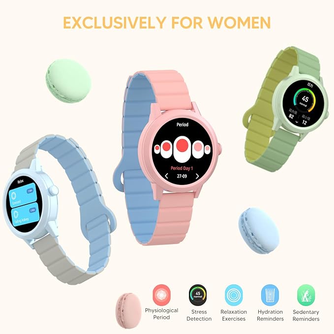 KAVVO Macaron 36mm Round Stylish Watch, 1.106'' AMOLED Retina Screen, Always-on Display, Silicone Magnetic Suction Strap, Female Health Record, Waterproof(Mistic Black)