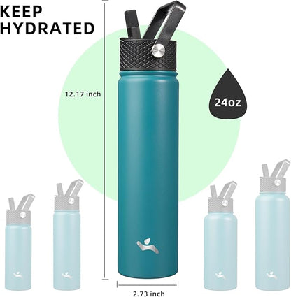 Insulated Water Bottle 24oz Stainless Steel Sport Bottles with 3 Lids,Light Blue