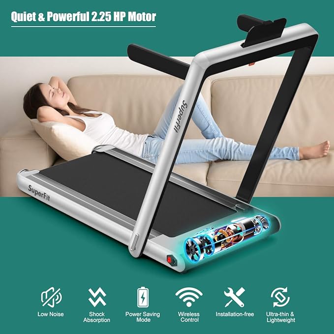 GYMAX Walking Pad, 2.25HP Dual Display Foldable Treadmill for Home with Remote/Smart App Control, Portable Compact Treadmill for Office Under Desk, Folding Running Machine for Small Spaces