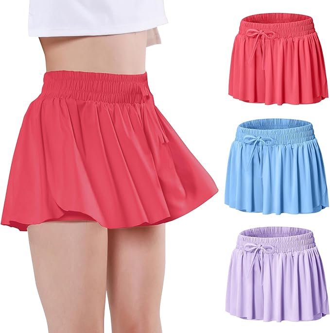 EXARUS Girls Butterfly Shorts Flowy Dance Skirt Cheer Skorts Athletic Tween Clothes Teen Preppy Outfits Flutter Kids