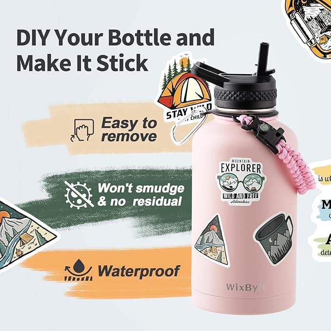 64 oz Insulated Water Bottle with Straw (Cold for 48 Hrs), Half Gallon Stainless Steel Triple Wall Vacuum Sports Water Jug, Leakproof Hydro Cup Flask with Straw Spout Lids & DIY Stickers