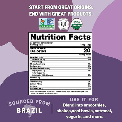 FGO Organic Acai Powder, 4oz Resealable Pouch, Freeze Dried Superfood Berry from Brazil, No Sugar & Additives,Great for Drinks, Smoothie, & Beverages, Non-GMO (Pack of 1)