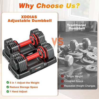 XDDIAS Adjustable Dumbbell Set of 2, 25/55/80LB Dumbbell Set-1Sec Adjustable Weights-5/10 in 1 Free Weights Dumbbells Set with Effortless Tray/No-Slip Handle-Compact Size for Women/Men at Home Gym