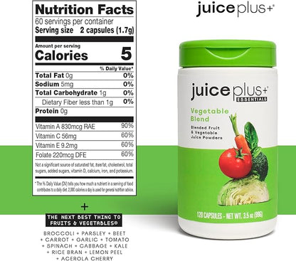 Juice Plus+ Vegetable Blend: with Broccoli, Parsley, Tomato & More - Plant-Based, Vegan, Gluten-Free, Non-GMO, Kosher - for Heart, Immune, Cognitive & Skin Health - 1 Bottle (60 Servings)