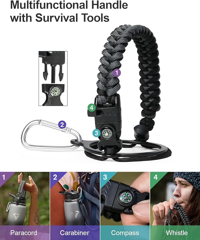 32oz Insulated Water Bottle,Stainless Steel Vacuum Water Bottle, BPA-Free & Leakproof -with Paracord Handle,Strap,Straw Spout Lids,Large Water Jug for Gym Sports