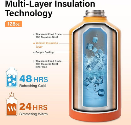 1 Gallon Water Bottle Insulated | Thickened Stainless Steel Vacuum Metal Water Jug | Portable Sports Large for Gym and Hiking with Straw, Carrier Bag, Handle Strap | BPA-Free 128 oz