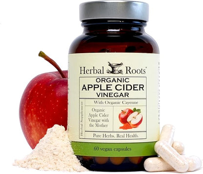 Herbal Roots Organic Apple Cider Vinegar Capsules with Mother and Organic Cayenne | 650 mg | 60 Vegan Capsules