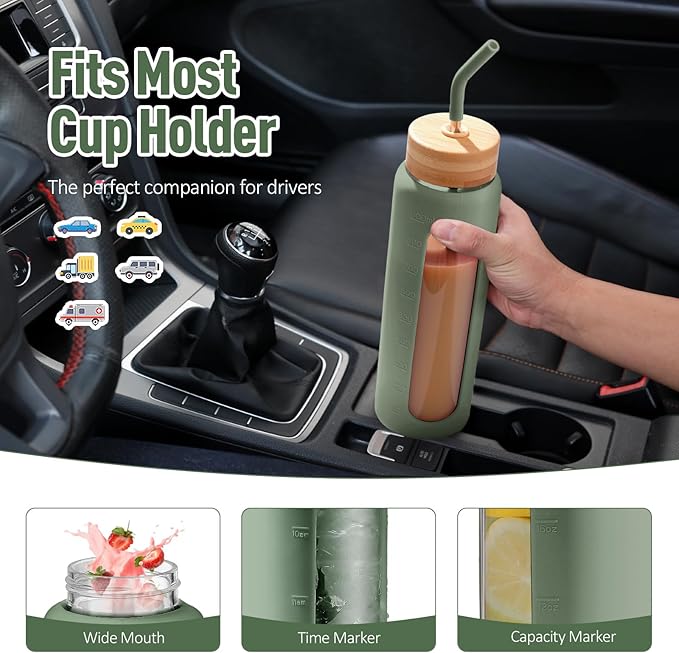 Kodrine Water Bottle with Straw, 24 oz Glass water Bottle with 2 Lids Bamboo Straw Lid and Spout Lid with Handle, 32 oz Clear Water Bottle Glass for Sports Travel, Waterbottle with Time Marker