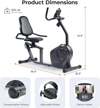 Sunny Health & Fitness Smart Heavy-Duty Recumbent Bike w/Wide Cushioned Seat & Back, Indoor Cycling Machine for Adult/Seniors Home Exercise, Free SunnyFit App Connect, Optional Workout Training Bands