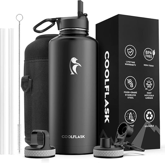 Insulated Water Bottle 87 oz with Straw, Coolflask 2/3 Gallon Stainless Steel Metal 3 Lids Large Water Jug for Sports or Office, Non-BPA Keep Cold Up to 48 Hrs or Hot Up to 24 Hrs, Magic Black