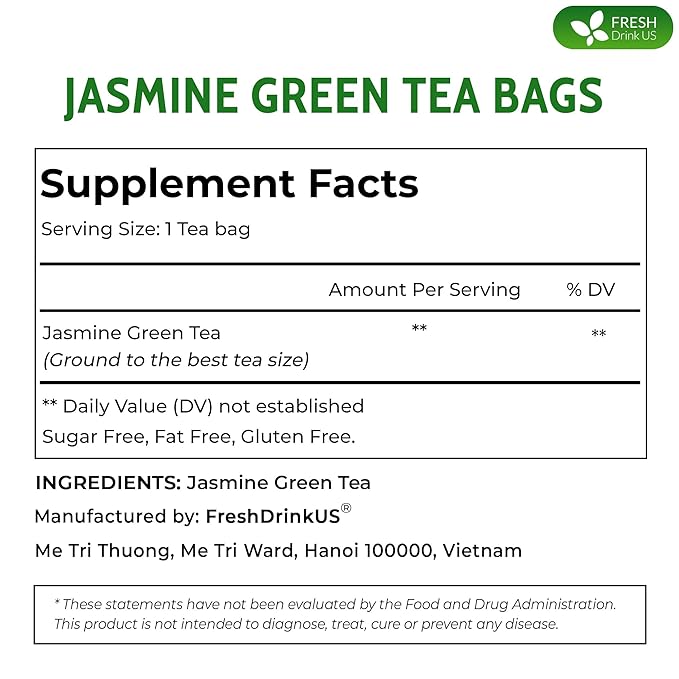 FreshDrinkUS, Premium 40 Jasmine Green Tea Bags, 100% Natural & Pure from Jasmine Green Tea. Jasmine Green Herbal Tea. Made with Natural Material Tea Bags. No Sugar, No Gluten, Vegan.