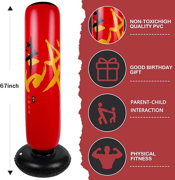 Larger Inflatable Punching Bag for Kids with Boxing Gloves,Tall 66 Inch Ninja Kids Inflatable Boxing Bag,Gifts for Boys & Girls Age 5-12 for Taekwondo,MMA and Practicing Karate