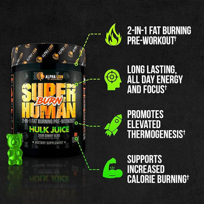ALPHA LION Superhuman Burn – 2 in 1 Metabolism Booster Pre Workout and Thermogenic Fat Burner for Men – Appetite Suppressant and Weight Loss Supplement (21 Servings, Hulk Juice)