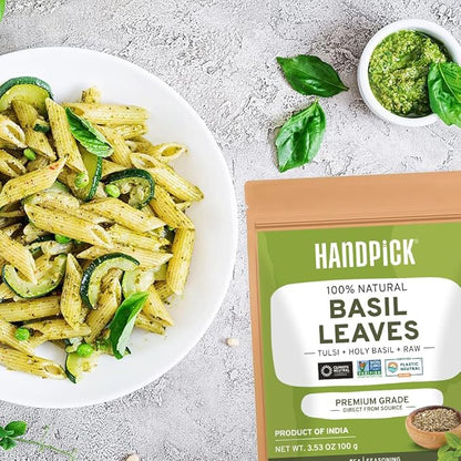 HANDPICK Dried Basil Leaves 40 Servings (100g/ 3.5oz) Non GMO, Gluten Free, 100% Raw Whole Tulsi Leaf, Sourced from India, Premium Quality, Packed in Resealable Ziplock Pouch