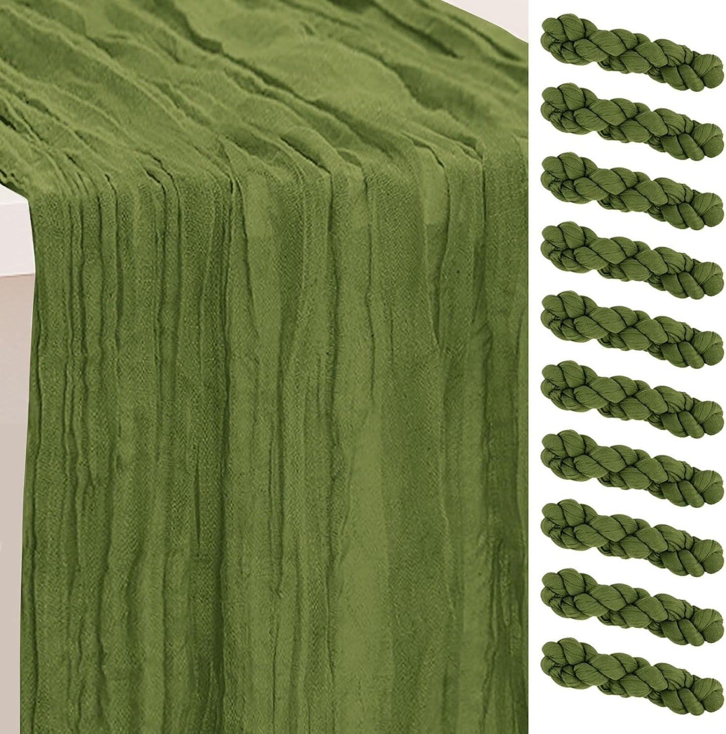 10 Pack Olive Green Cheesecloth Table Runner 35x120 Inch 10Ft Rustic Gauze Cheese Cloth Table Runner Sheer Cheesecloth Table Runners for Wedding Party Bridal Shower Decoration