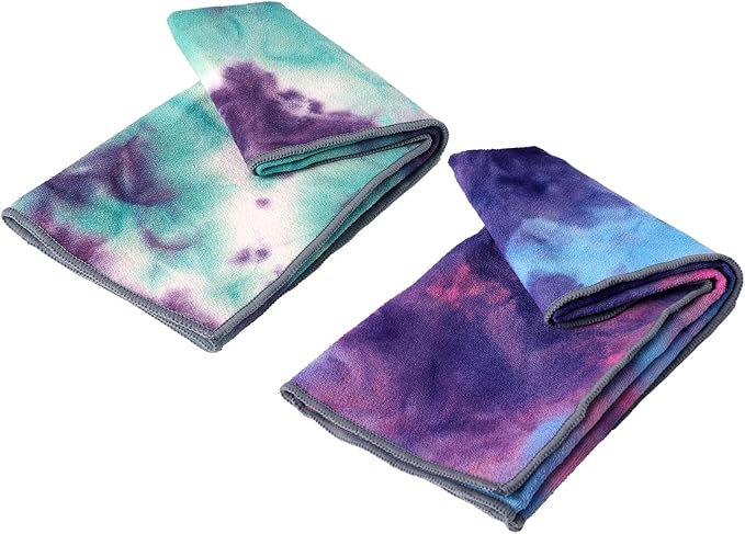 Eunzel 2 Pack Yoga Hand Towel，Microfiber Towel with Grip Dots Sweat Absorbent Non-Slip for Hot Yoga, Pilates and Workout 24" x16"，Purple & Blue/Green & Purple (2 Pack)