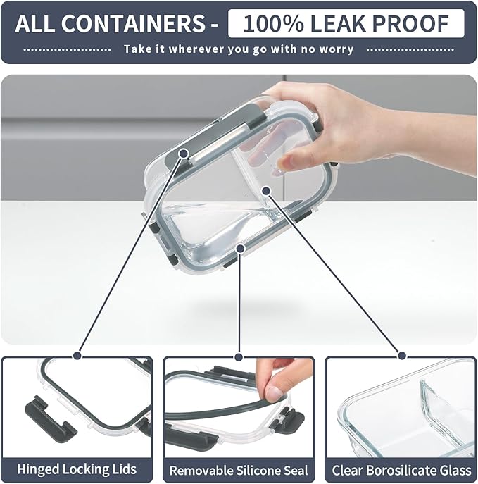 2 & 3 Compartment Meal Prep Containers - Glass Food Storage Lunch Containers with Lids, Bento Box, Portion Control, Freezer to Microwave Safe