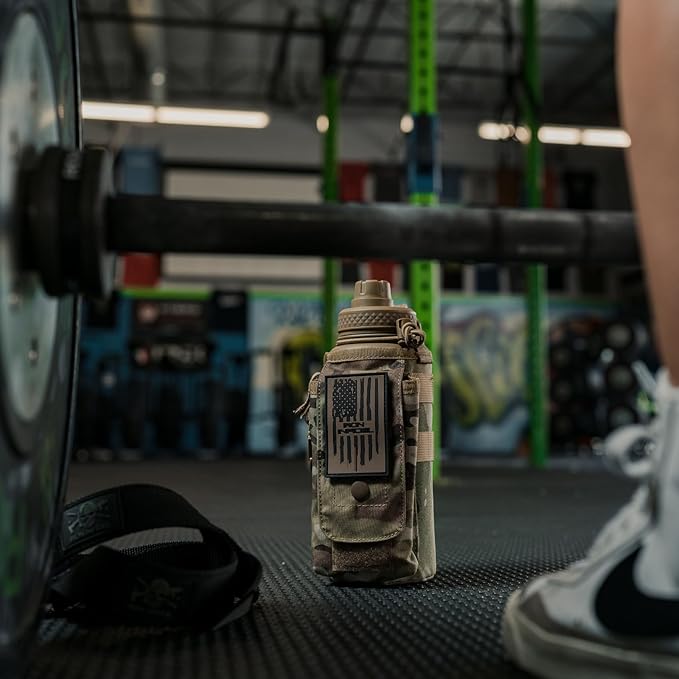 Iron Infidel Battle Bottle - 32 Oz Insulated Water Bottle with Straw Lid & Chug Cap, Stainless Steel Metal Tactical Flask With Rugged, Removable Sleeve for Keys & Phone or Wallet (OCP Camo 1 Liter)