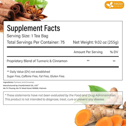 FreshDrinkUS, Premium 135 Turmeric Cinnamon Tea Bags, 100% Natural, Blend of Turmeric, and Cinnamon. Made with Natural Material Tea Bags. No Sugar. No Caffeine. Vegan.
