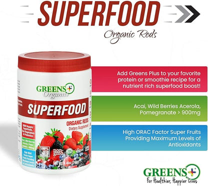 Greens+ Organic Reds Superfood Powder, Antioxidant, Polyphenol, Blend for Morning Kick, Energy, Vitality Boost, Nutrition, Vibrant Health, Vegan Soy/Dairy/Gluten Free(8.46oz)
