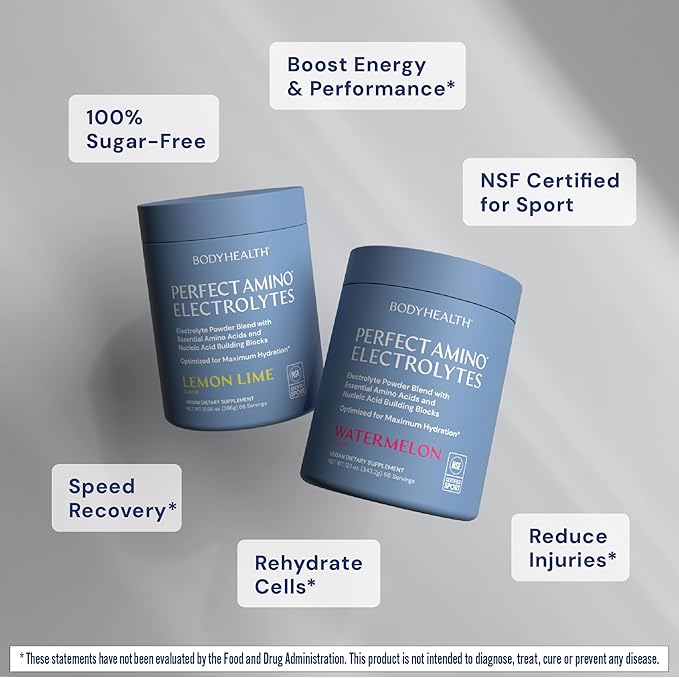 BodyHealth PerfectAmino Electrolytes Powder No Sugar, Hydration Fasting Keto Zero Sugar Electrolytes Drink Mix with Trace Minerals - NSF Certified for Sport - Lemon Lime - 66 Servings