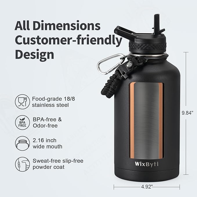 64 oz Insulated Water Bottle with Straw (Cold for 48 Hrs), Half Gallon Stainless Steel Triple Wall Vacuum Sports Water Jug, Leakproof Hydro Cup Flask with Straw Spout Lids & DIY Stickers