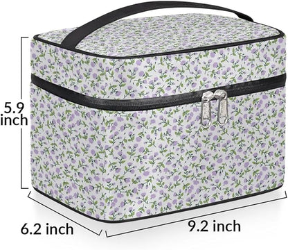 Large Makeup Bag Travel Cosmetic Bags for Women Purple Vintage Bohemian Spring Flower Floral Makeup Organizer Case Toiletry Bag for Girls Traveling Wide Open Portable Pouch with Handle