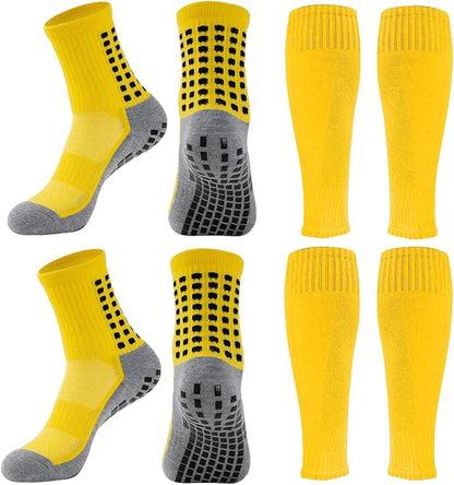 2 Set Anti-Slip Grip Soccer Socks with Shin Guard Sleeves, Sports Athletic Socks for Men Women
