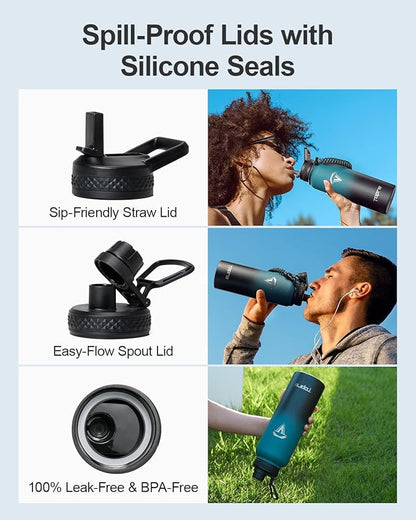 40oz Insulated Water Bottle,Stainless Steel Vacuum Water Bottle, BPA-Free & Leakproof -with Paracord Handle,Strap,Straw Spout Lids,Large Water Jug for Gym Sports