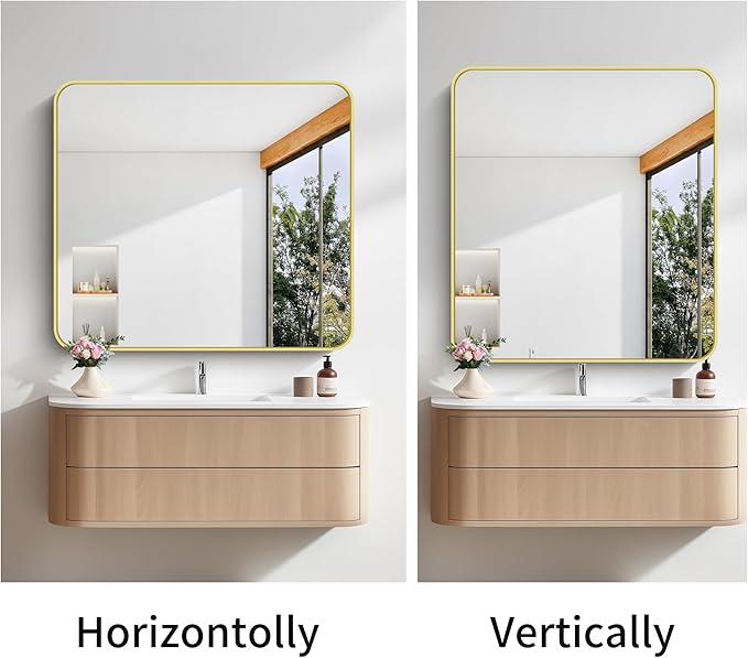 FORBATH 40x36 Inch Gold Bathroom Mirror for Over Sink, Large Rectanglar Wall Mirror with Metal Frame, Rounded Corners for Bathroom, Bedroom, Entryway Decor (Horizontal or Vertical)
