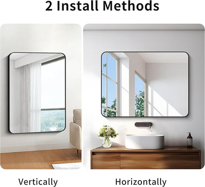 30x40 inch Bathroom Mirror,Black Rectangle Mirror,Wall Mounted Bathroom Frame Vanity Mirror with Round Corner for Bedroom Living Room, Entryway Hangs Horizontal or Vertical