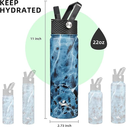 22oz Stainless Steel Bottles with 3 Lids Sport Insulated Water Bottle,Marble Ocean