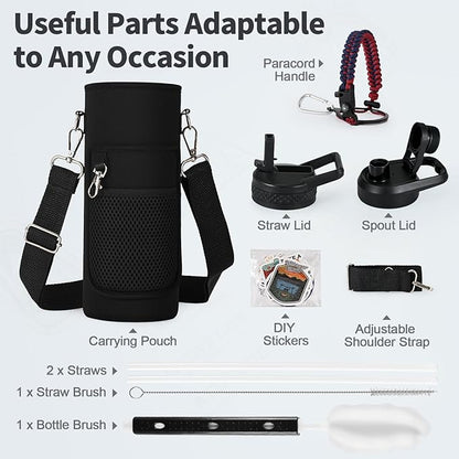 40 oz Insulated Water Bottle with Straw (Cold for 48 Hrs), Stainless Steel Triple Wall Vacuum Sports Water Jug, Leakproof Hydro Cup Flask with Paracord Handle & Straw Spout Lids & DIY Stickers