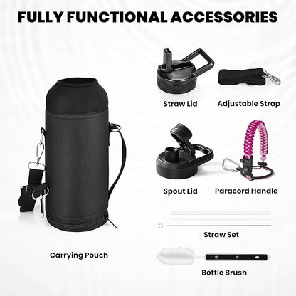 Insulated Water Bottle 40 oz, Triple Wall Vacuum Stainless Steel (Cold for 48 Hrs), Leak Proof & Non-BPA, Modern Water Flask Jug with Paracord Handle & Straw Spout Lids, Ombre Pink