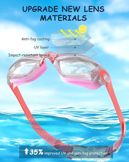 Kids Swim Goggles, Swimming Goggles for Kids Toddlers 3-14 with Swim Cap, Nose Clip, Nose Bridge, Ear Plugs