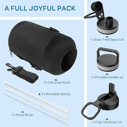 Insulated Water Bottle 87 oz with Straw, Coolflask 2/3 Gallon Stainless Steel Metal 3 Lids Large Water Jug for Sports or Office, Non-BPA Keep Cold Up to 48 Hrs or Hot Up to 24 Hrs, Magic Black