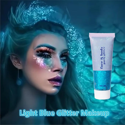 Go Ho Light Blue Face Body Glitter Gel,Blue Mermaid Face Paint Makeup,Holographic Chunky Sequins Glitters for Eye Lip Hair,Halloween Costumes Festival Rave Accessories,52g