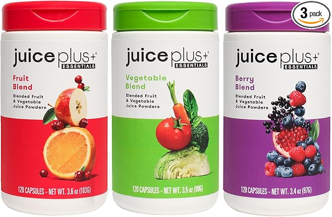 Juice Plus+ Fruit, Vegetable & Berry Blend - Fruit and Vegetable Supplement for Immune Support, Cognitive Health & Radiant Skin - 3 Bottles, (120 Capsules Each)