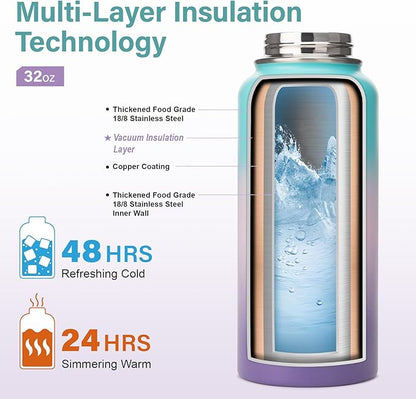 Insulated Water Bottle | Thickened Stainless Steel Vacuum Metal | Portable Sports Water Jug for Gym and Hiking with Straw, Carrier Bag, Handle Strap | BPA-Free 32 oz